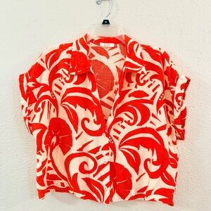 Peach ivory red tropical print boxy short sleeve shirt